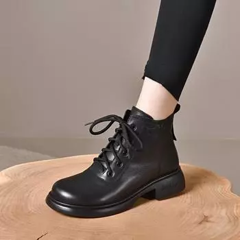 Leather boots women s autumn and winter round head lace-up Martin boots first layer cowhide flat bottom short boots side zipper casual women s boots 35