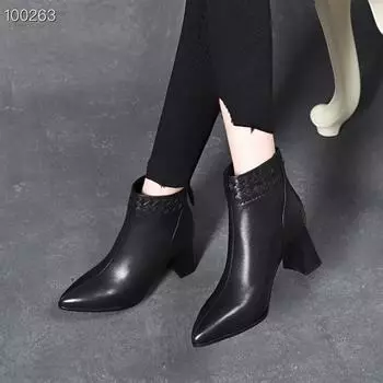 Leather boots women s autumn and winter pointed high-heeled fashion boots first layer cowhide woven rear zipper women s boots ankle boots 35