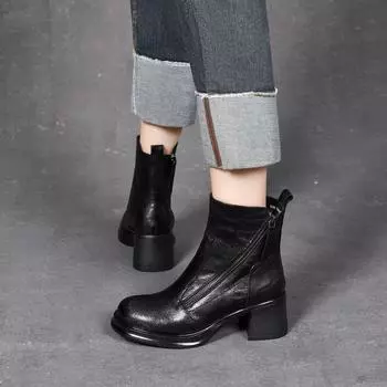 Leather boots women s autumn and winter new round head thick heel oblique zipper knight boots women s high heel boots 34