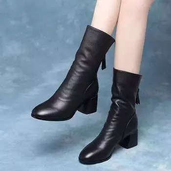 Leather boots women s autumn and winter round head medium tube thick heel boots rear zipper fashion boots top layer cowhide women s boots 34