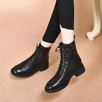 Leather boots Women s boots Autumn and winter straps Martin boots First layer cowhide round head side zipper flat-bottomed locomotive boots 35