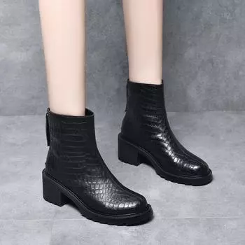 Leather boots women s boots autumn and winter new round head rear zipper thick heel short boots stone pattern cowhide Martin boots 35