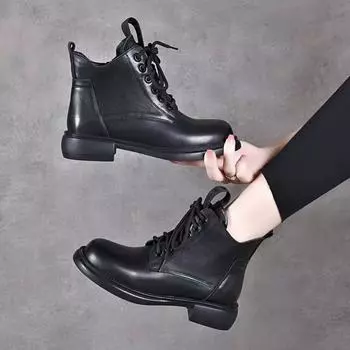 Leather boots women s Martin boots autumn and winter new round head flat bottom strap casual short boots first layer cowhide high top women s boots 34