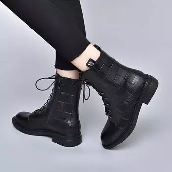 Leather boots women s new first-layer embossed cowhide letter flat-bottomed boots round head lace-up Martin boots locomotive boots 35