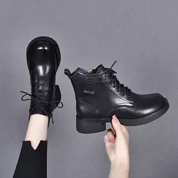 Leather boots women s new first-layer cowhide Martin boots round head lace-up flat boots short boots comfortable locomotive boots 35