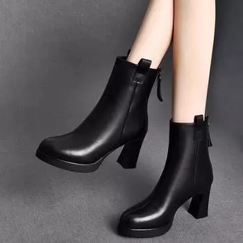 Leather boots women s new pointed thick heel high heel short boots fashion boots rear zipper women s boots cotton boots 34