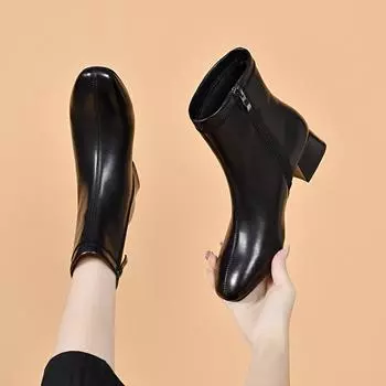 Leather boots women s new simple temperament straight boots low heel square head fashion boots women s boots cotton boots 34