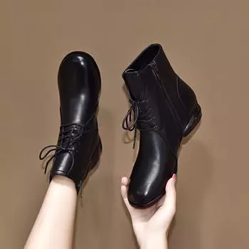 Leather boots women s round head lace-up short boots two heights locomotive boots knight boots fashion boots 34