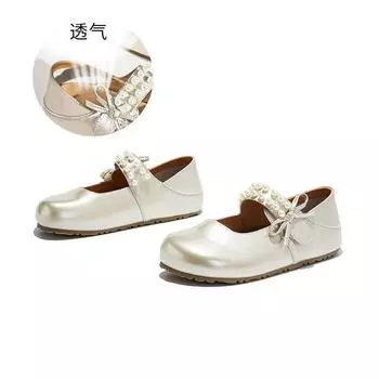 Leather bow Mary Jane women s shoes 2025 autumn new light mouth pearl Velcro single shoes versatile small leather shoes 35