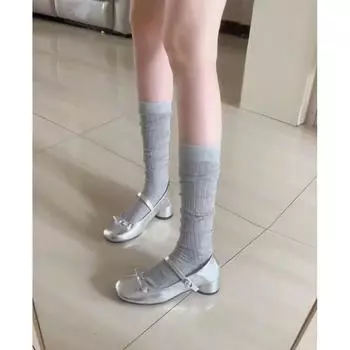 Leather bow silver light mouth single shoes women s new one-word buckle retro Mary Jane 35