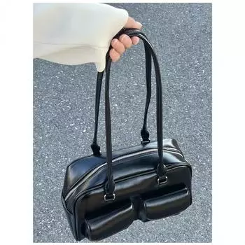 Leather Bowling Bag, Multi-pocket Underarm Bag, Commuter Handbag, Shoulder Bag чёрный