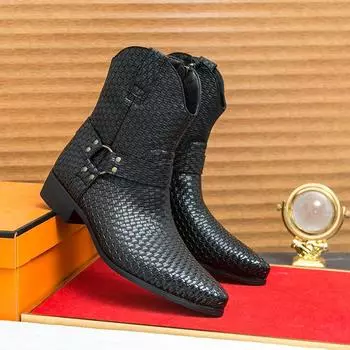 Leather British medium tube Martin boots men s trendy western leather boots black Chelsea boots European and American high-top pointed boots men 38
