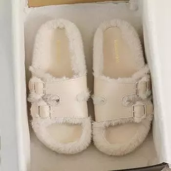 Кожаные меховые тапочки с пряжкой, женские, с открытым носком, уютные, меховые, домашние туфли, 35-43 размера, большие, норковое меховое пальто, женские, теплые, зимние панталончики 5 бежевый