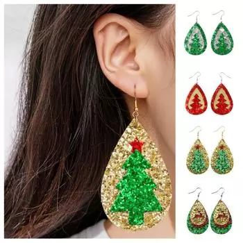 Leather Christmas Earrings Star Christmas Tree Ear Studs Fashion Shiny Christmas Pendant Xmas A