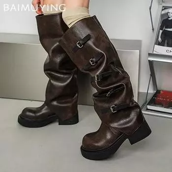 Leather Chunky Fashion Women High Boots Mid Heels Buckle Shoes Designer Knee High Motorcycle Boots Winter 2024 Trend Botas Mujer 35 чёрный