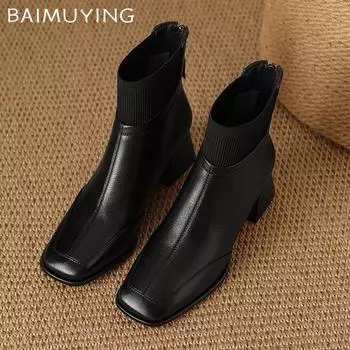 Leather Chunky Women Ankle Boots Square Toe Fashion Mid Heels Shoes 2025 Trend Elegant Pumps Winter Classic Goth Botas De Mujer 35 чёрный