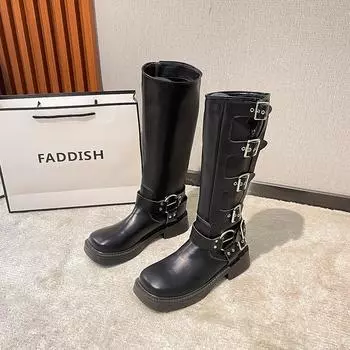 Leather Coarse Heel Martin Boots Women s Western Cowboy Boots Vintage Maillard Tall Belt Buckle Square Head Knight Boots 35