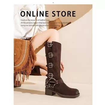 Leather Cow Velvet Retro Knight Boots Belt Buckle Tall but Knee Boots Black Western Cowboy Boots 35