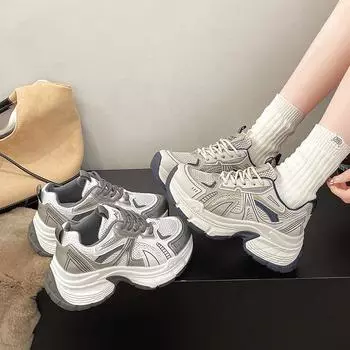 Leather dad shoes children s 2025 spring and summer new small thick-soled heightened mesh breathable casual sports shoes 35 серебряный