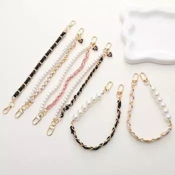Leather Double Chain Pearl Bow Mobile Phone Chain Anti-Lost Phone Lanyard Keychain Anti-Fall Water Cup Pendant Camera Wristband