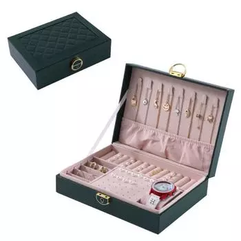 Leather Double Layer Jewelry Box Lockable Cosmetics Box Multi-function Jewelry Packaging Box Gift green-1-Layer