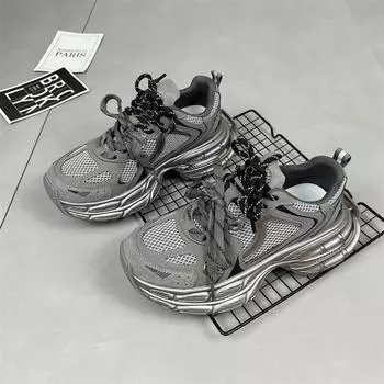 Leather double shoelaces dad shoes women s autumn new mesh breathable lightweight versatile platform casual sports shoes 35