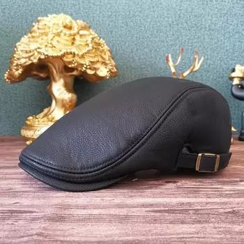 Leather Duck Tongue Cap Men and Women Forward Cap Fall and Winter Thickened Leather Cap Middle-aged Hat European and American Beret M56-58cm коричневый