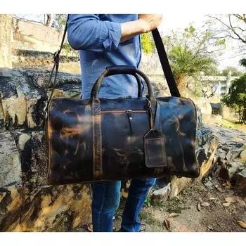 Кожаная спортивная сумка, винтажная ручная сумка для выходных, большая спортивная сумка для багажа, спортивная сумка на ночь, дорожная сумка, подарок для мужчин и женщин, вещ... 20 X 9 X 7 коричневый