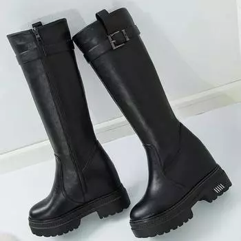 Leather Face Long Boots Women New Style Platform Boots for Women Casual Leather Boots Inner Height Increasing Women s Shoes 34 чёрный