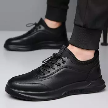 Leather Fashion Walking Shoes Men Mens Slip on Casual Shoes All-match Mens Breathable Sneakers New Handmade Male Outdoor Flats 38 чёрный