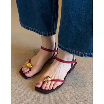 Leather flat bottom with metal toe sandals women s summer outer shoe cover toe cool slippers 35