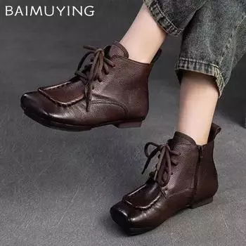 Leather Flats Women Ankle Boots Square Toe Lace Up Designer Shoes 2025 Trend New Brand Winter Soft Cozy Oxford Botas De Mujer 35 чёрный