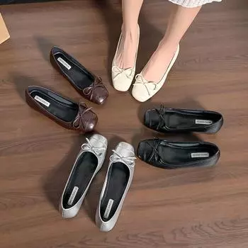 Leather French retro flat-bottomed ballet shoes women s head ladyshoes inner height-increasing bow single shoes small size grandma shoes 33 серебряный