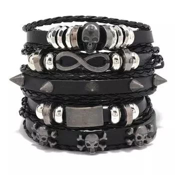 Leather Handwoven Men s Bracelet Hip Hop Punk Skull Suit Collection Jewelry Fashion чёрный
