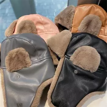 Leather hat women s winter fashion warm fleece cold cycling ear hat windproof Northeast outdoor hat children M56-58cm чёрный