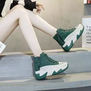 Leather high-top dad shoes women s 2024 new autumn and winter velvet versatile little white shoes inner height increase British Martin boots 35 красный