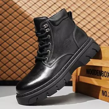Leather High Top Shoes Men Thick Bottom Male Motorcycle Boots New Mens Casual Shoes All-match Male Comfortable Walking Boots 38 чёрный