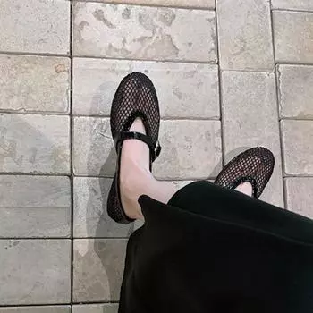 Leather hollow mesh sandals women s summer one-word buckle with round head flat bottom shallow mouth Mary Jane single shoes 35