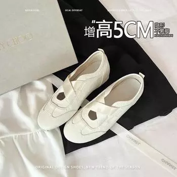Leather inner height increase 5cm ballet shallow mouth Mary Jane shoes cross belt elastic band casual sports shoes women s German training shoes 34