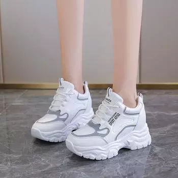 Leather inner height increase dad shoes women s foreign trade 2025 spring thick-soled color matching casual sports shoes college style running shoes 35 серебряный