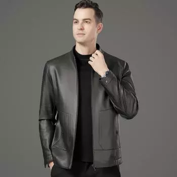 Leather jacket men s autumn and winter new business casual loose men s stand collar leather jacket middle-aged dad men s jacket 170