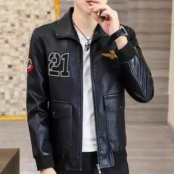 Кожаная куртка мужская осенне-зимняя новая корейская модная тонкая и красивая молодежная повседневная универсальная плюс бархатная утолщенная кожаная куртка M