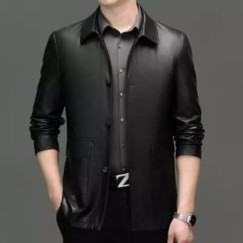 Кожаная куртка мужская осенняя из овчины для среднего и пожилого возраста плюс бархатная кожаная куртка для папы с лацканами на пуговицах 170