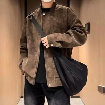 Кожаная куртка мужская повседневная куртка в стиле пары High Street персикового цвета, черная свободная универсальная куртка на весну и осень M