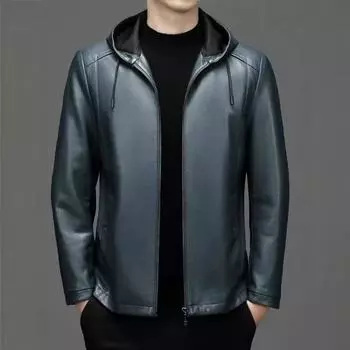 Leather jacket men s hooded velvet thickened motorcycle leather jacket winter sheepskin casual middle-aged jacket 170