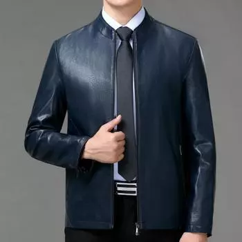 Кожаная куртка мужская утолщенная кожаная куртка с оленьим узором, воротник-стойка, кожаная куртка для папы, куртка в осенне-зимнем стиле 170