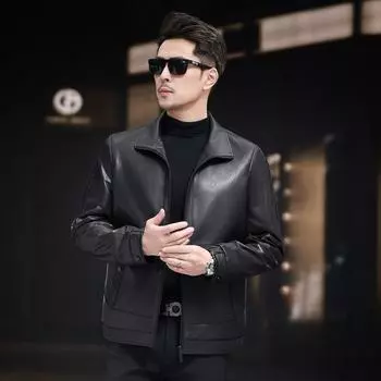 Кожаная куртка мужская ультратонкая овчина растительного дубления с короткими стоячими лацканами в стиле локомотива, модная кожаная куртка L чёрный