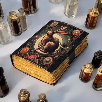 Leather Journal Gothic Notebook The Easter Rabbit Grimoire Print - Vintage Handmade Journal Book of Shadows Witchcrafts Journal Gift for Men 7 x 5 in