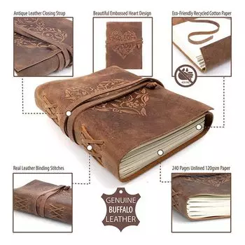 Leather Journal Heart- Writing Notebook Handmade Leather Bound Daily Notepads For Best Gift for Art , Travel Diary 8 x 6 in коричневый