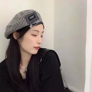 Leather Label Chain PU Leather All-match Women Berets Korean Style Hat Houndstooth Painter Hat белый/чёрный